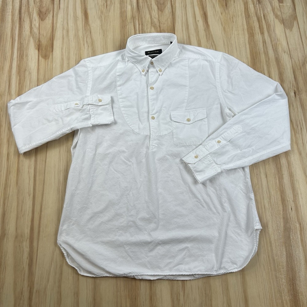 Massimo Dutti Men's Cotton Pullover Shirt White Large Solid Casual Minimalist